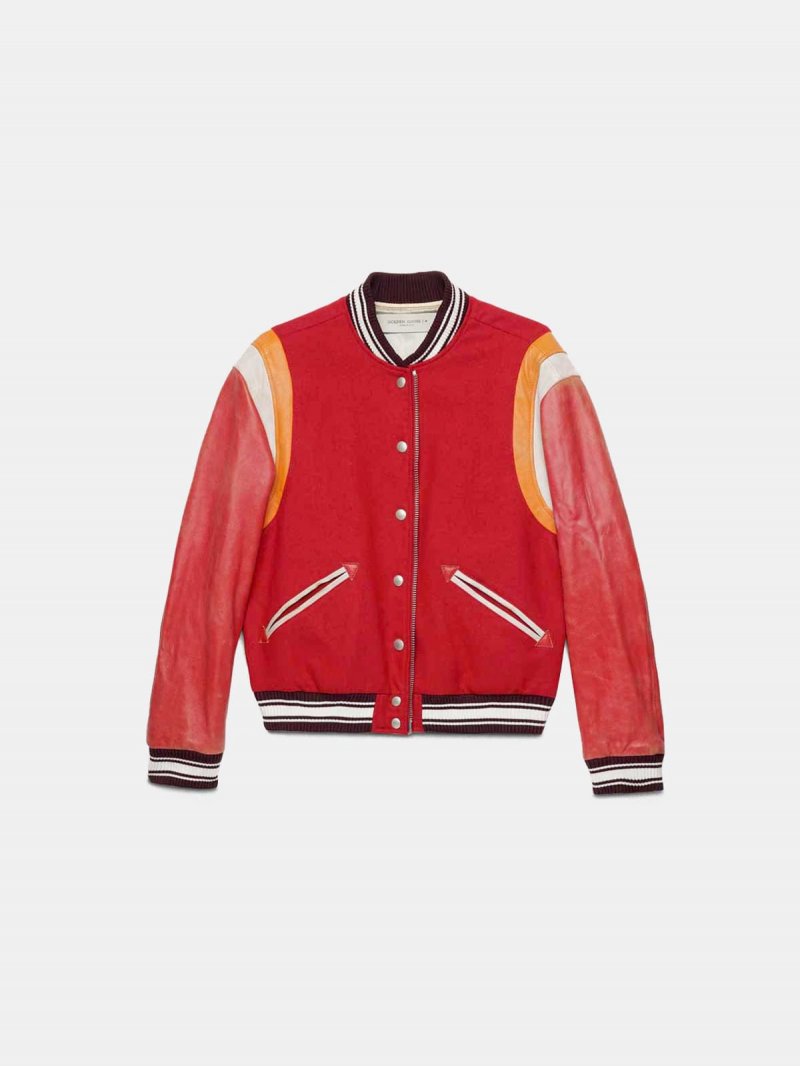 Red Scarlett bomber jacket with leather sleeves and print on the back