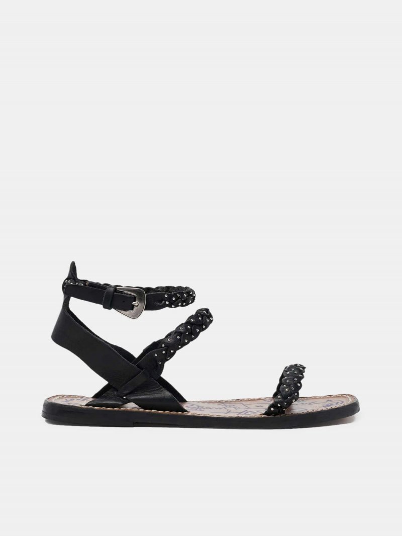 Molly sandals in black braided leather with stud decoration