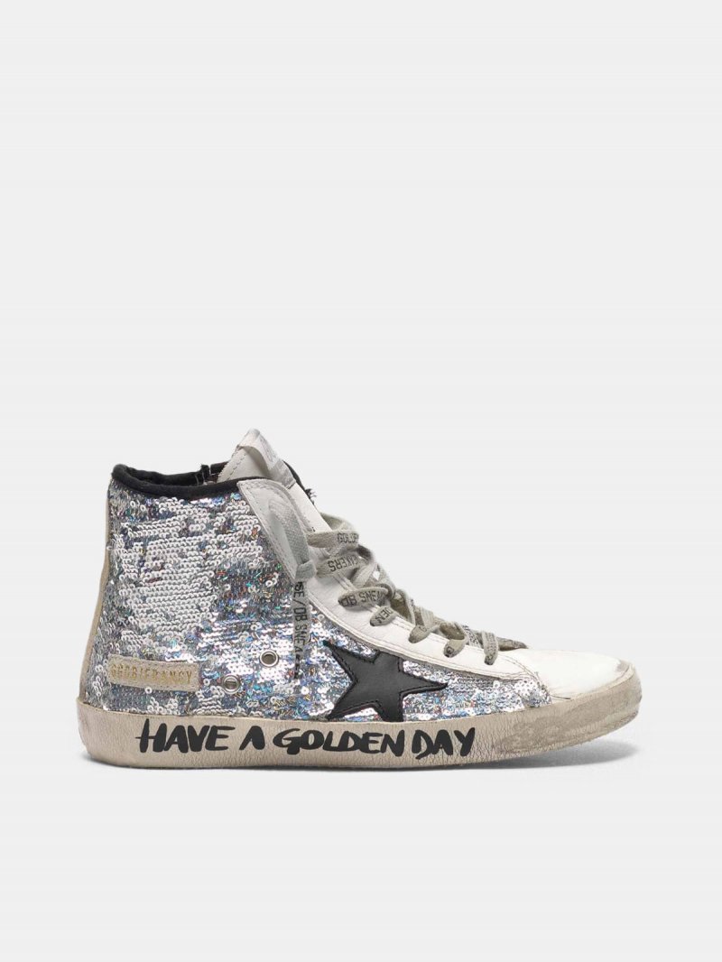 Francy sneakers with silver sequins and handwritten lettering